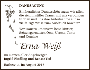 Traueranzeige von Erna Weiß von WVG - Wochenspiegel NMB / WSF / ZTZ