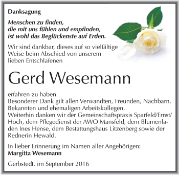 Traueranzeige von Gerd Wesemann von Mitteldeutsche Zeitung Mansfelder Land