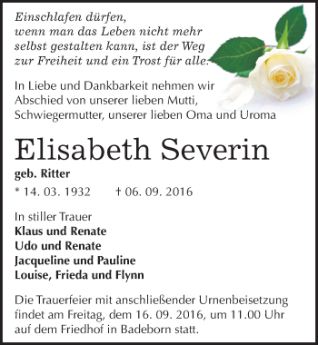 Traueranzeige von Elisabeth Severin von Mitteldeutsche Zeitung Quedlinburg