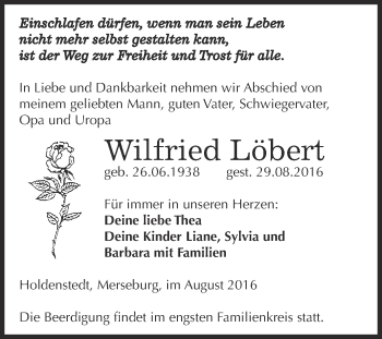 Traueranzeige von Wilfried Löbert von Super Sonntag SGH Mansf. Land