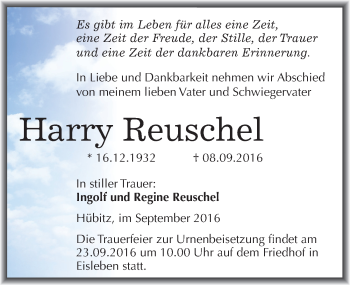 Traueranzeige von Harry Reuschel von Mitteldeutsche Zeitung Mansfelder Land