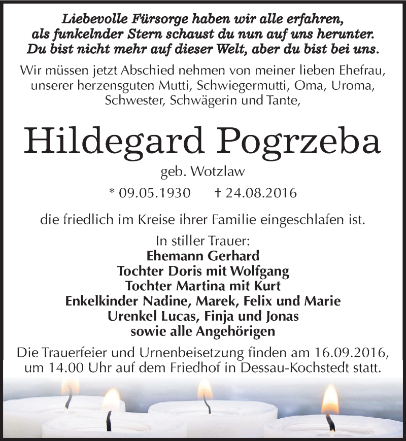  Traueranzeige für Hildegard Pogrzeba vom 10.09.2016 aus Mitteldeutsche Zeitung Dessau-Roßlau