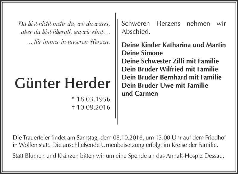  Traueranzeige für Günter Herder vom 21.09.2016 aus WVG - Wochenspiegel Bitterfeld