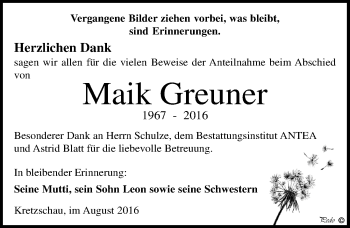 Traueranzeige von Maik Greuner von Mitteldeutsche Zeitung Zeitz