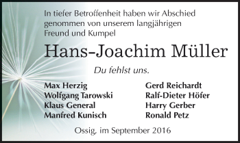 Traueranzeige von Hans-Joachim Müller von Mitteldeutsche Zeitung Zeitz