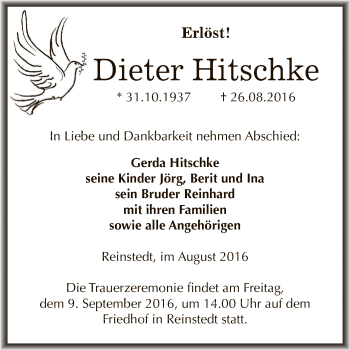 Traueranzeige von Dieter Hitschke von Super Sonntag Aschersleben