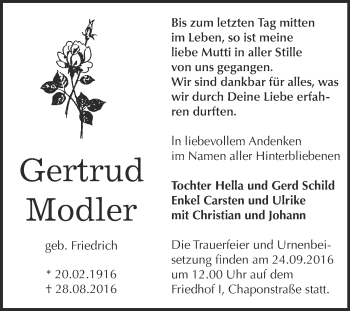 Traueranzeige von Gertrud Modler von WVG - Wochenspiegel Dessau / Köthen