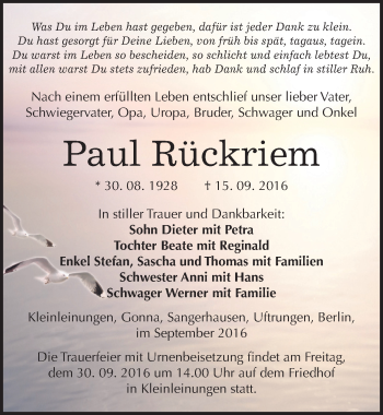 Traueranzeige von Paul Rückriem von Mitteldeutsche Zeitung Sangerhausen