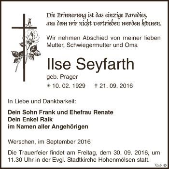 Traueranzeige von Ilse Seyfarth von WVG - Wochenspiegel NMB / WSF / ZTZ