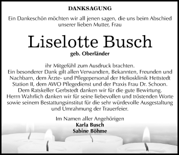 Traueranzeige von Liselotte Busch von Mitteldeutsche Zeitung Mansfelder Land