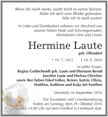 Traueranzeige von Hermine Laute von Mitteldeutsche Zeitung Mansfelder Land