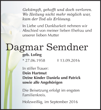 Traueranzeige von Dagmar Semdner von Mitteldeutsche Zeitung Bitterfeld
