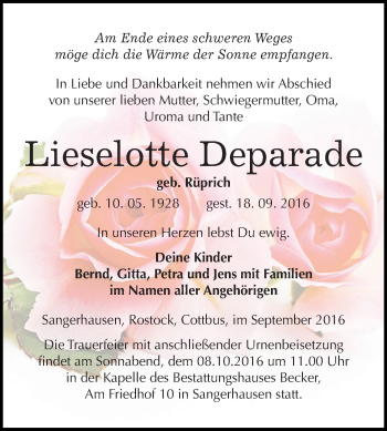 Traueranzeige von Lieselotte Deparade von Super Sonntag SGH Mansf. Land