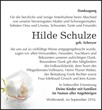 Traueranzeige von Hilde Schulze von Mitteldeutsche Zeitung Sangerhausen