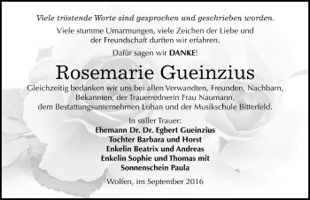 Traueranzeige von Rosemarie Gueinzius von Mitteldeutsche Zeitung Bitterfeld