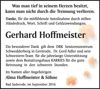Traueranzeige von Gerhard Hoffmeister von WVG - Wochenspiegel Quedlinburg