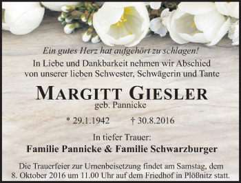 Traueranzeige von Margitt Giesler von Mitteldeutsche Zeitung Halle/Saalkreis