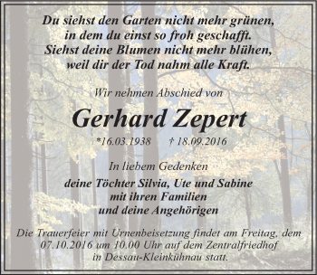 Traueranzeige von Gerhard Zepert von Mitteldeutsche Zeitung Dessau-Roßlau