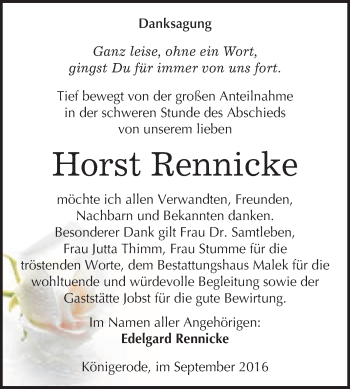 Traueranzeige von Horst Rennicke von WVG - Wochenspiegel Quedlinburg