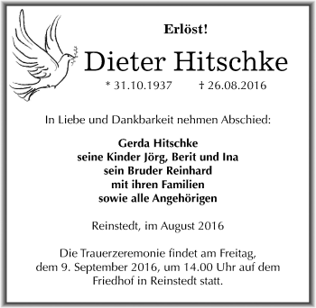 Traueranzeige von Dieter Hitschke von Mitteldeutsche Zeitung Quedlinburg