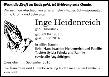 Traueranzeige von Inge Heidenreich von Mitteldeutsche Zeitung Aschersleben