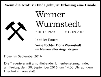 Traueranzeige von Werner Wurmstedt von Mitteldeutsche Zeitung Aschersleben