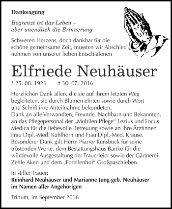 Traueranzeige von Elfriede Neuhäuser von WVG - Wochenspiegel Dessau / Köthen