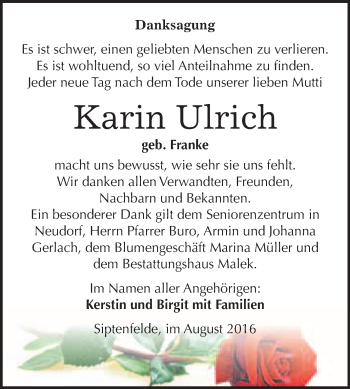 Traueranzeige von Karin Ulrich von WVG - Wochenspiegel Quedlinburg