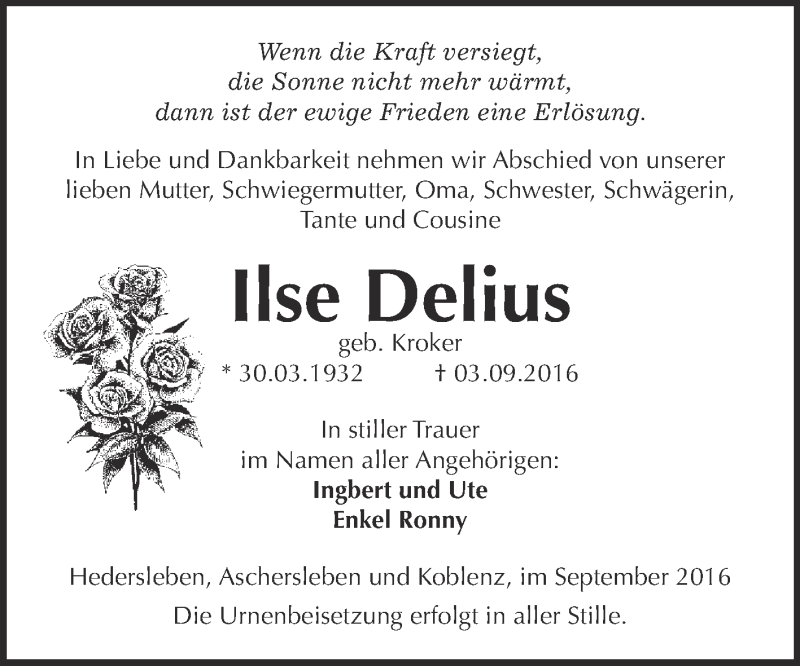  Traueranzeige für Ilse Delius vom 10.09.2016 aus WVG - Wochenspiegel Quedlinburg