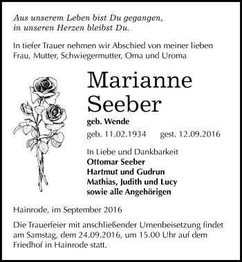 Traueranzeige von Marianne Seeber von Mitteldeutsche Zeitung Sangerhausen