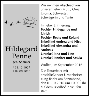 Traueranzeige von Hildegard Penne von Mitteldeutsche Zeitung Köthen