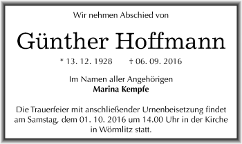 Traueranzeige von Günther Hoffmann von Mitteldeutsche Zeitung Halle/Saalkreis