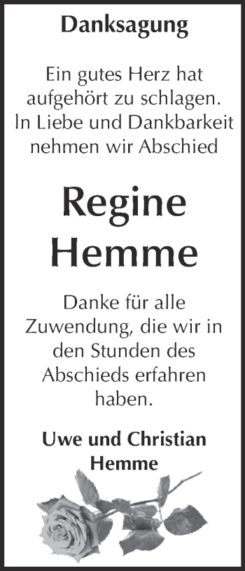 Traueranzeige von Regine Hemme von WVG - Wochenspiegel Dessau / Köthen
