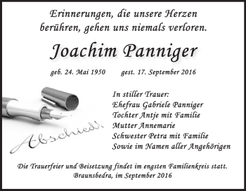 Traueranzeige von Joachim Panniger von WVG - Wochenspiegel Merseburg