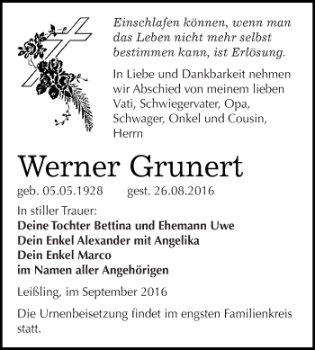 Traueranzeige von Werner Grunert von WVG - Wochenspiegel NMB / WSF / ZTZ