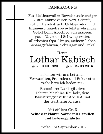 Traueranzeige von Lothar Kabisch von Mitteldeutsche Zeitung Zeitz