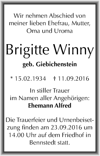 Traueranzeige von Brigitte Winny von Mitteldeutsche Zeitung Halle/Saalkreis