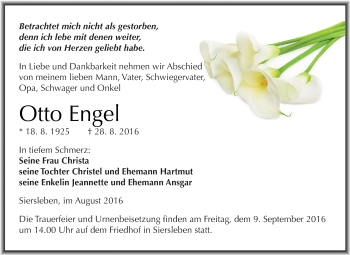 Traueranzeige von Otto Engel von Super Sonntag SGH Mansf. Land