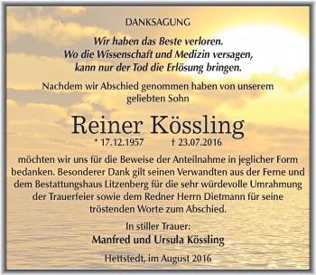 Traueranzeige von Reiner Kössling von Mitteldeutsche Zeitung Mansfelder Land