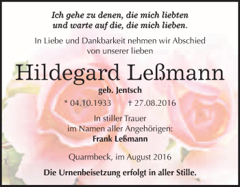 Traueranzeige von Hildegard Leßmann von WVG - Wochenspiegel Quedlinburg