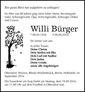 Traueranzeige von Willi Bürger von Mitteldeutsche Zeitung Sangerhausen