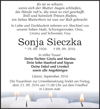 Traueranzeige von Sonja Sieczka von Mitteldeutsche Zeitung Weißenfels
