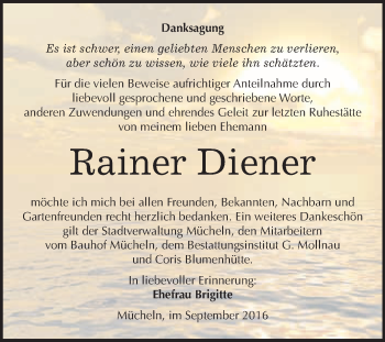 Traueranzeige von Rainer Diener von WVG - Wochenspiegel Merseburg