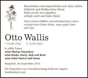 Traueranzeige von Otto Wallis von Wochenspiegel Mansfelder Land