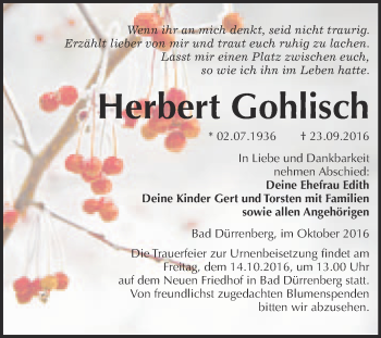 Traueranzeige von Herbert Gohlisch von Super Sonntag Merseburg