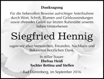 Traueranzeige von Siegfried Hennig von Mitteldeutsche Zeitung Merseburg/Querfurt