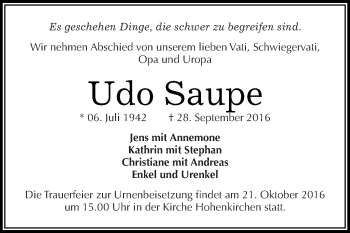 Traueranzeige von Udo Saupe von Super Sonntag Zeitz