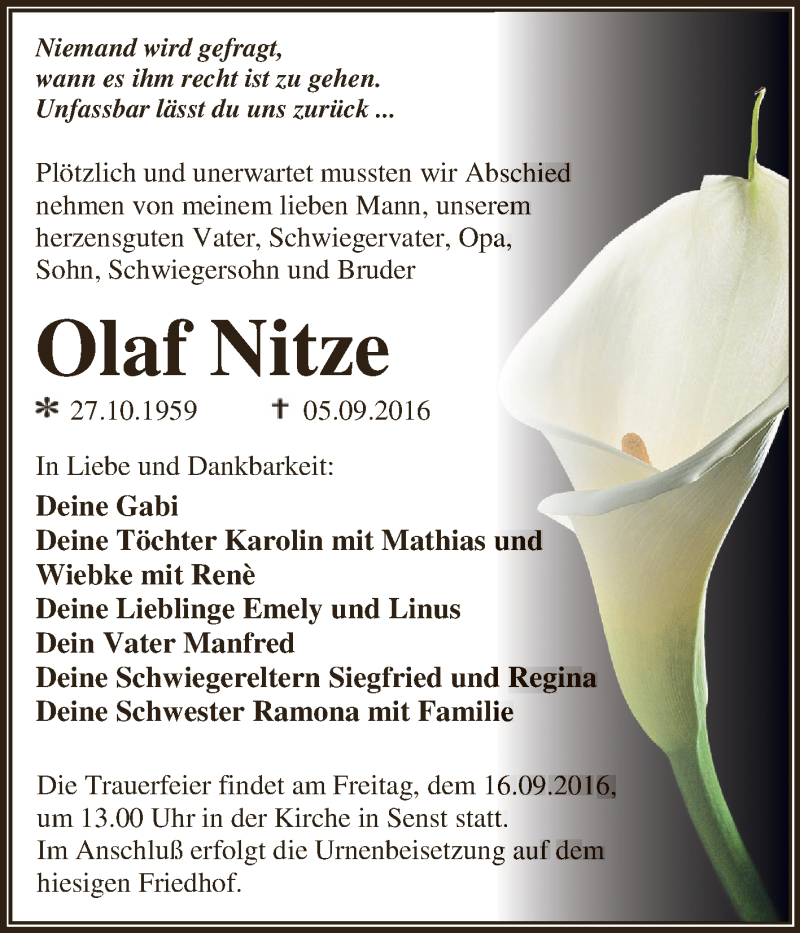  Traueranzeige für Olaf Nitze vom 10.09.2016 aus WVG - Wochenspiegel Dessau / Köthen