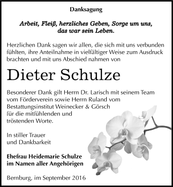 Traueranzeige von Dieter Schulze von Mitteldeutsche Zeitung Bernburg