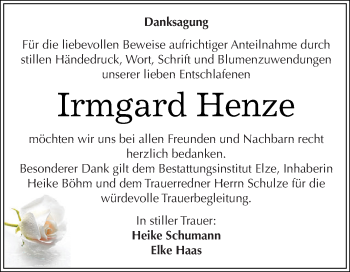 Traueranzeige von Irmgard Henze von WVG - Wochenspiegel Dessau / Köthen